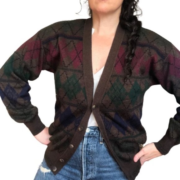 Vtg Italian Brown Argyle Wool Blend V-Neck Cardigan Grandpa Menswear Sweater - Picture 15 of 15